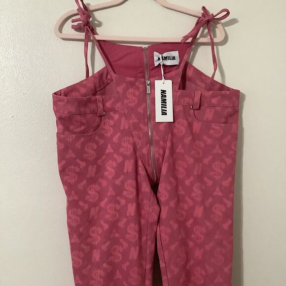 Namilia Pink Club Rave Festival McBling Monogram Denim Thong Pants Jeans XL - Picture 2 of 12